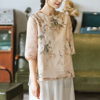 Wewae6323สไตล์จีน Chinoiserie Hanfu 2022ฤดูร้อน Ramie ดอกไม้ขนาดเล็กเสื้อเชิ้ตชุดน้ำชาย้อนยุคผ้าฝ้ายลินินพิมพ์หลวมชุดถังแขนสั้นด้านบน