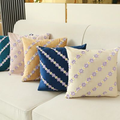 New Velvet Cushion Cover with Lace Flower 45x45cm Decorative Pillow Cover for Sofa Livingroom Home Decor Pillowcase Pink Beige