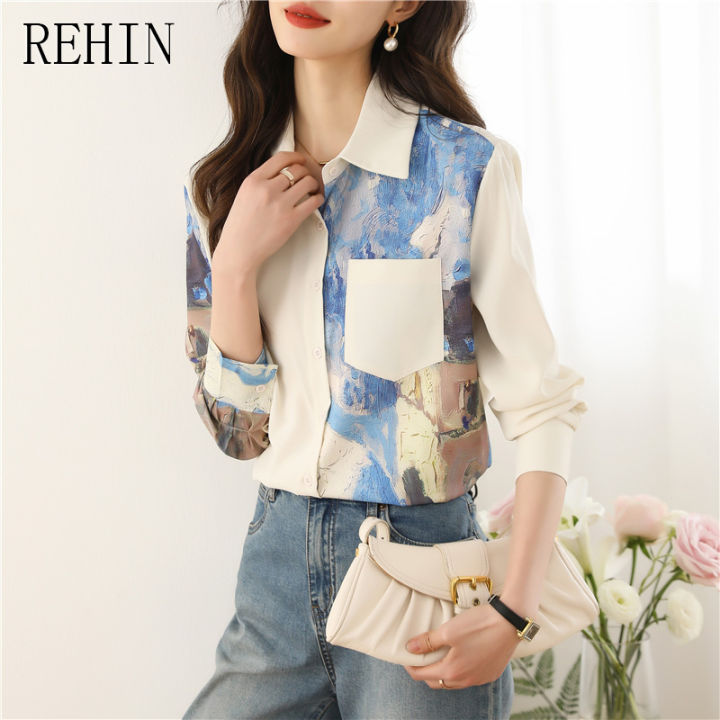 rehin-เสื้อแขนยาวผู้หญิง-เสื้อสไตล์เกาหลีแบบใหม่คอปกทรงหลวมเสื้อหรูหราพิมพ์ลายชิค