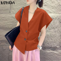 VONDA เสื้อเบลาส์แขนพองคอวีแนวแขนพองลำลองสำหรับผู้หญิง (ลำลองเกาหลี)