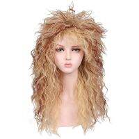 FGY Mens 70S 80S Long Golden Brown Curly Wig Halloween Cosplay Rock Punk Synthetic Wig Mullet Head High End Disco Party Wig