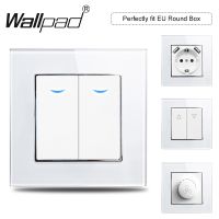 ∋✎❁ EU 2 Gang with LED Indicator Wall[ad White Tempred Glass 1 2 Way Push Button Rocker On Off Switch for EU Round Box Wall Panel]