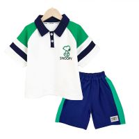 【Ready】? Snoopy childrens summer short-sleeved baby suit casual summer boys and girls short-sleeved shorts contrast color Polo shirt