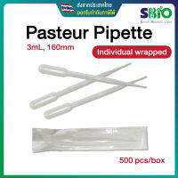 หลอดหยดสาร พาสเจอร์ปิเปต Pasteur Pipette แยกบรรจุในซองแบบปลอดเชื้อ Sterile ขนาด 3mL ถุงละ 500 ชิ้น