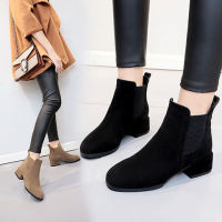 Naza Trend Store【Free Shipping ส่งฟรี】 Sepatu BOOT Pendek ส้นสูงปานกลางสำหรับผู้หญิง,ใหม่2023ฤดูหนาวรองเท้าบู๊ตส้นสูงฤดูใบไม้ร่วงและฤดูหนาวเด็กหนังนิ่มหัวสี่เหลี่ยมส้นสูงหยาบรองเท้าบูท Martin ส้นหยาบ