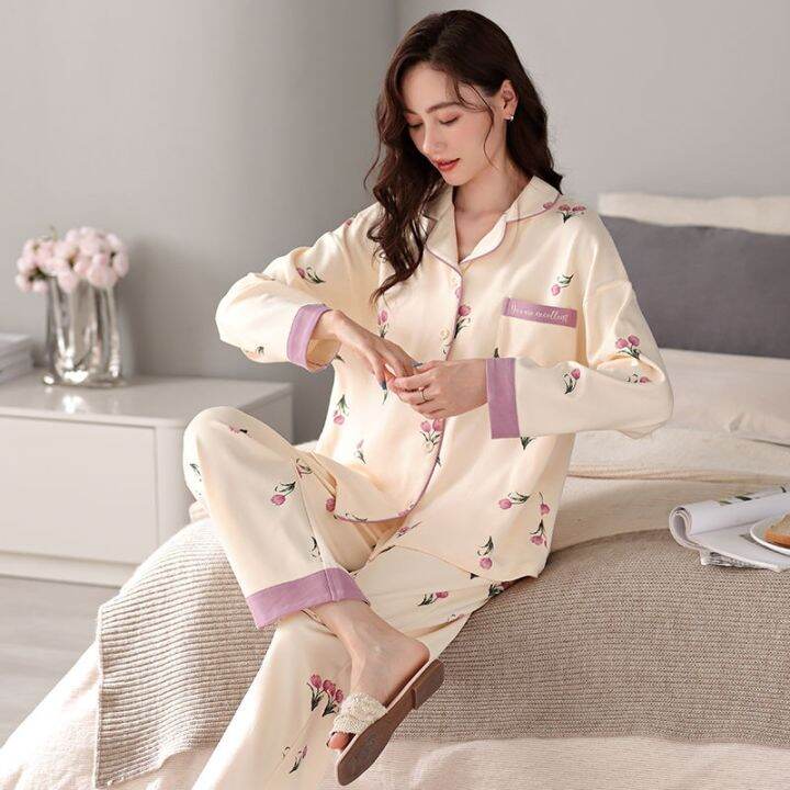 muji-high-quality-2023-new-pajamas-spring-and-autumn-womens-pure-cotton-pajamas-long-sleeved-can-be-worn-outside-the-high-end-home-service-large-size-suit