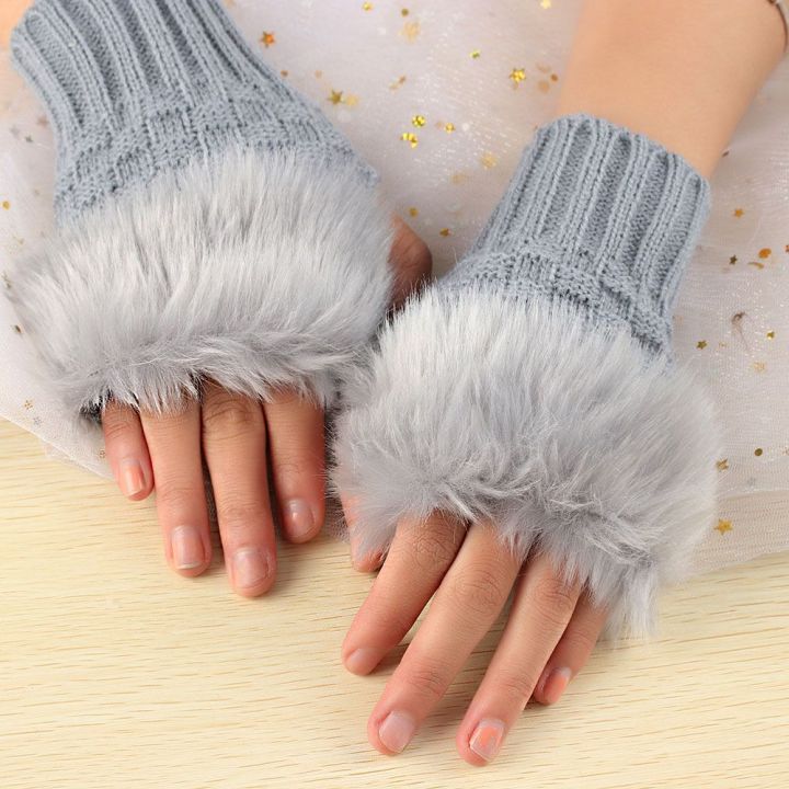 pocha511ผู้หญิงหญิงสาวครึ่งนิ้วเก็บนิ้วฤดูหนาวอบอุ่นถุงมือหนาขนกระต่ายเทียมถุงมือถักอบอุ่น