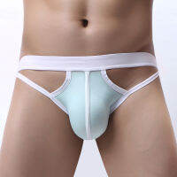 ผ้าไหมน้ำแข็งทองผู้ชายเอวต่ำสั้นกลวง Underpant Jockstrap นูนกระเป๋าสายทองเร้าอารมณ์ชายเปิดก้นชุดชั้นใน