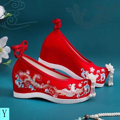 Xiuhe รองเท้าส้นสูง ปักลาย สไตล์จีนโบราณ สีแดง สําหรับผู้หญิง
