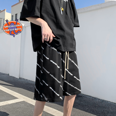 【Plus Size】M-8XL Letter Printing Striped Shorts Mens Summer Thin Hiphop High Street Knee-length Pants Straight Wide-leg Casual Shorts for Men