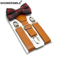 SHOWERSMILE Children Suspenders Bow Tie Leather British Style Boys Suspenders Vintage Wedding Brown Kids Braces 75cm*2.5cm Boys Clothing