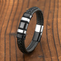 European And American Punk Style 5-Ring Stainless Steel Mens celet ided Black Leather Rope 316L Stainless Steel celet