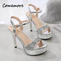 Comemore 2023 New Fashion Sequins Buckle Super High Heels Wedding Banquet Fashion Female Shoes Sandals Stiletto Heel Platform 34