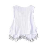 High Street Sexy Hem Tassel Diamond Beading Knitting T Shirt Chic Short Camis Tank Lady Slim Crop Vest Tops