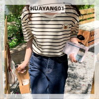 HUAYANG01 [2023 new HOT FASHION] lazlook ฤดูร้อนผู้หญิง VINTAGE stripe เสื้อยืดแขนสั้นแฟชั่นปักรอบคอหลวม TEE