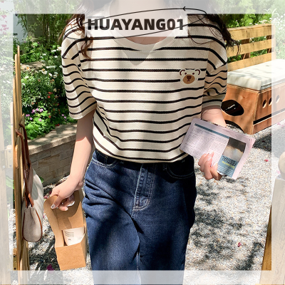HUAYANG01 [2023 new HOT FASHION] lazlook ฤดูร้อนผู้หญิง VINTAGE stripe เสื้อยืดแขนสั้นแฟชั่นปักรอบคอหลวม TEE