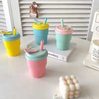 Kid Water Bottle with Straw Cute Water Bottle Portable Cup Student School Travel Silicone Water Cup for Breakfast Milk Coffee