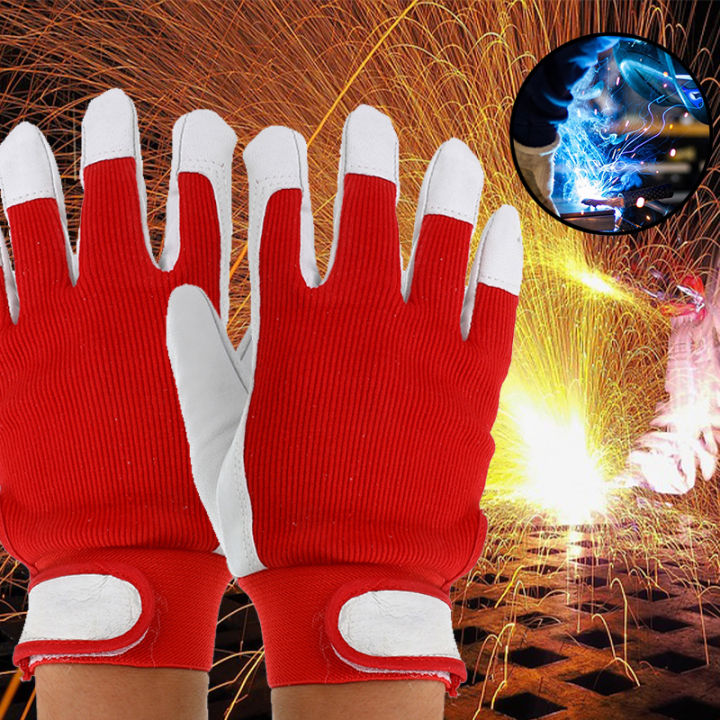 ถุงมือหนังสำหรับงานช่าง1คู่-ถุงมือทำงานช่างช่วยป้องกันความร้อนในอุตหสาหกรรมถุงมือขี่มอเตอร์ไซค์สปอร์ตสีแดงสำหรับผู้ชายและผู้หญิง