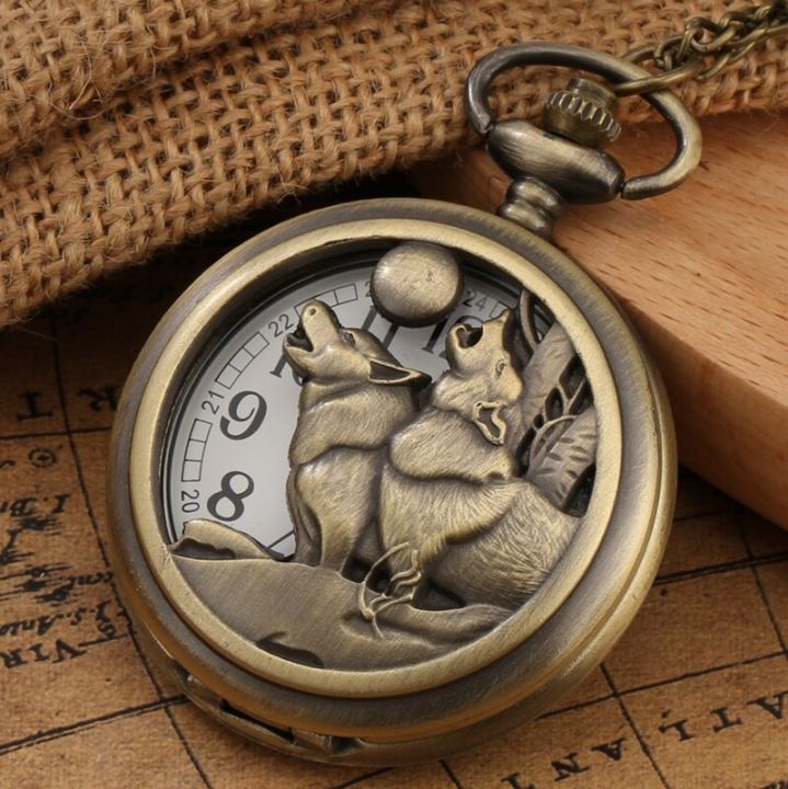 นาฬิกาควอตซ์ย้อนยุคสำหรับผู้ชายและผู้หญิงจี้ทองสัมฤทธิ์หมาป่าสุนัขโบราณสร้อยคอลูกปัดของขวัญของสะสม
