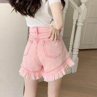 [COD] Large size pink fringed denim women 2022 summer new style slim hot girls A-line wide-leg