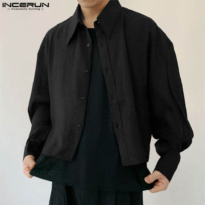 incerun-เสื้อครอปเนื้อแขนยาวสำหรับผู้ชายเสื้อทรงหลวมสวมใส่สบาย-สไตล์เกาหลี