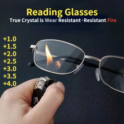 ผู้ชายแว่นตาอ่านหนังสือป้องกันรอยขีดข่วนเลนส์แก้วคริสตัลกรอบโลหะสี่เหลี่ยมสายตายาวองศา1.0ถึง4.0