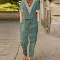 2023 Spring Summer Women Sets V Neck Short Sleeve Top Pullover &amp; Drawstring Pants Suits Street Retro Solid Color Two Piece Sets