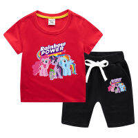 Rainbow Ponys ชุดกางเกงขาสั้นสำหรับชายเสื้อแขนสั้นสำหรับเด็กหญิงเสื้อยืด Fifth Pants2021ใหม่ Trendy Preppy สไตล์2ชิ้นเสื้อผ้าเด็กแฟชั่นฤดูร้อน Casual แฟชั่นชุด