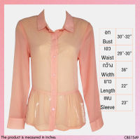 USED - Sheer Rose Orange Polka Dot Top | เสื้อแขนยาวสีส้ม สีโอรส เสื้อเชิ้ต เสื้อซีทรู เสื้อระบาย ลายจุด คอปก ทำงาน สายฝอ มือสอง