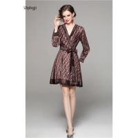 European and American Fashion All-Match Waist Slimming Positioning Printed Dress (with Belt)