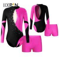 ﹍¤ Ballet Dance Gymnastic Leotard for Kids Girls Long Sleeve Shiny Rhinestones Jumpsuit and Shorts for Workout Ice Skating Bodysuit