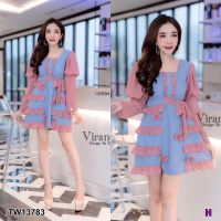 J13783 Dress เดรส ไหล่พอง แต่งระบาย Puff sleeve dress with ruffle trim