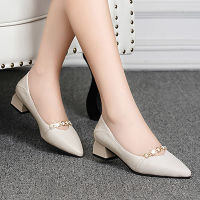 Autumn Spring Women Boat Shoes Pointed Toe Med Heels Dress Shoes Metal Chain Pumps Square Heeled Ladies Shoes Yellow Black