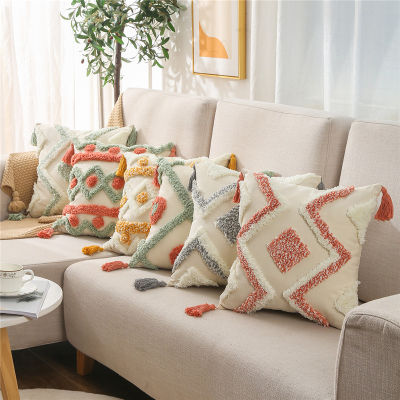 Green Pink Embroidery Cushion Cover Tassels Home Decor Pillow Cover 45x45cm Geometric Sofa PillowCase Pillow Sham