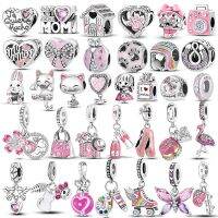 925 Silver Pink Charms Plata De Ley Original Wine Glass Flower Girl Charm Cat Paw Bead For DIY Charms Bracelet Jewelry Making