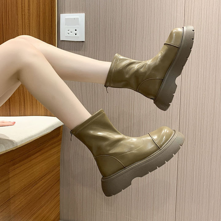 ใหม่-2022-รองเท้าบูทแฟชั่นสตรีรองเท้ามาร์ตินส้นหนากลับซิปรองเท้าสลิมรองเท้าบูทสั้นของผู้หญิง