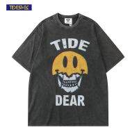 TIDESHEC Washed T-Shirt Men European American Style Oversized Funny Smile Graphic Print T-Shirt Retro 2022 Summer Short Sleeve