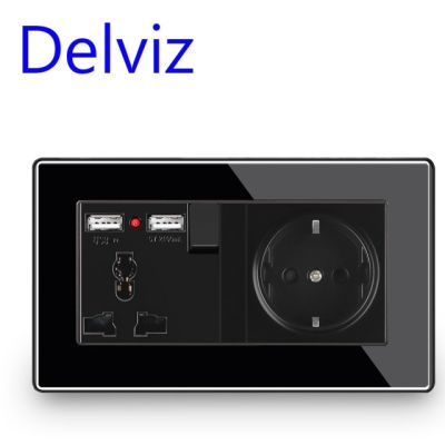 Delviz ซ็อคเก็ตยูเอสบีอเนกประสงค์ติดผนังมาตรฐาน Eu เต้าเสียบคู่110 ~ 250V Uk 2a ช่องชาร์จ Usb แผงคริสตัลอะคริลิคสีดำ