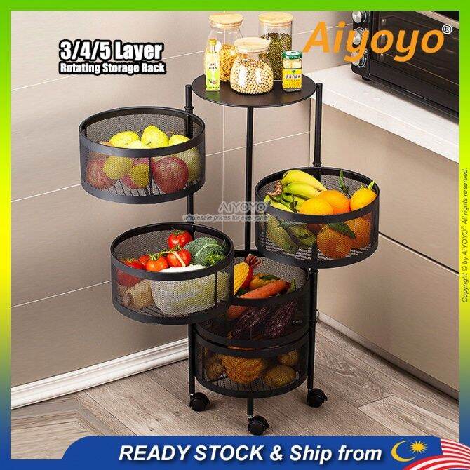 5-layer Kitchen Rotating Rack Multi-purpose Storage Rack Fruit and  Vegetable Basket Space Saving Metal Trolley Kitchen Organizer