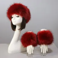 ชุดผู้หญิง Faux Fox Fur Cuffs + แถบคาดศีรษะฤดูหนาวหมวกแขนถุงมือหญิง Faux Fur หมวก + ยืดหยุ่นสายรัดข้อมือ