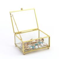 Retro Rectangle Transparent Golden Glass Ring Box Wedding Geometric Jewelry Organizer Home Decorative Box for Storage Trinket