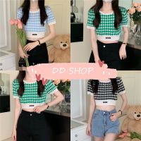 DD SHOPพร้อมส่ง 0237 เสื้อครอปสั้นไหมพรม ลายตารางหมากรุกสีพาสเทล