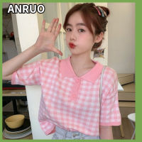 ANRUO เสื้อยืดลายตารางแขนสั้นแฟชั่นฝรั่งเศสของผู้หญิงเสื้อโปโลสั้นฤดูร้อน2023