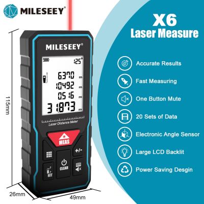 MILESEEY สายวัดเลเซอร์ X6 40M 60M 80M 100M,เครื่องวัดระยะแบบมืออาชีพพร้อมมุมจอแสดงผลสำหรับ DIY ตกแต่งอาคาร