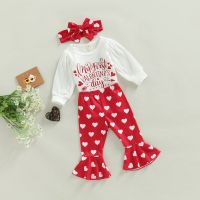 3Pcs Valentines Day Infant Girls Outfits Letter Print Long Sleeve Romper+Heart Print Flare Pants+Headband Set Dor Baby  by Hs2023