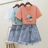 Summer Net Red Fried Street Suit Female 2022 New Student Korean Fashion Foreign Style T-Shirt Denim Shorts Two-Piece Set