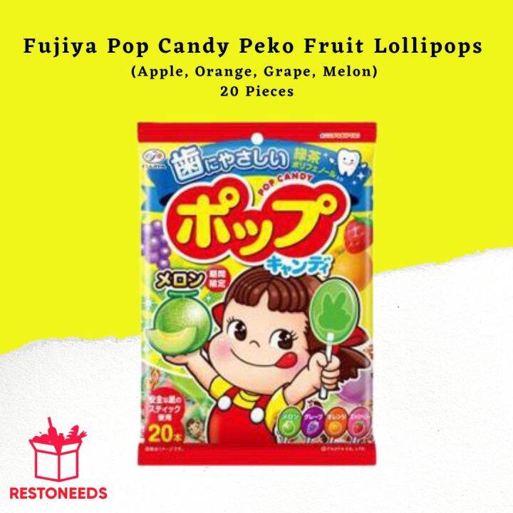 Fujiya Pop Candy Peko Fruit Lollipops (Apple, Orange, Grape, Melon) 20 Pieces Lazada PH