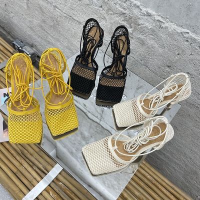 ✤✜﹍ Fashion Women Sandals Square Toe Hollow Sexy Pumps Thin High Heels Cross Strap Sandals Lace Up Yellow/Black/Beige Fashion Slides