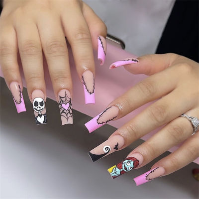 Halloween False Nails with Skull Spider Web Printed Natural Unbreakable Nail Simple Wear for Shopping Traveling Dating