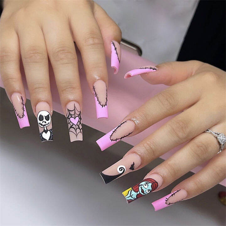 halloween-false-nails-with-skull-spider-web-printed-natural-unbreakable-nail-simple-wear-for-shopping-traveling-dating